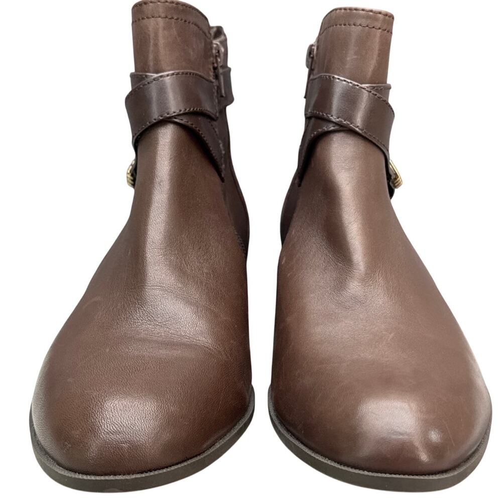 Anne Klein Kael Brown Leather Side Zip Buckle Strap Ankle Boots Women 9.5 - Picture 2 of 8